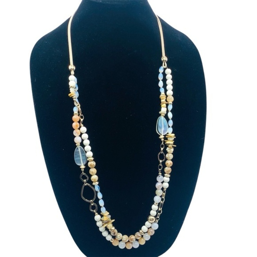 Chico’s Long Mixed Bead Necklace Neutral Tones Gold Chain Statement 38.5”